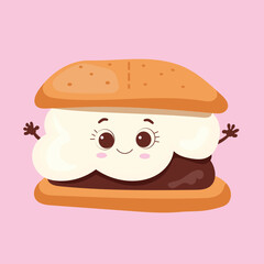 Marshmallow Cartoon Character with a chocolate backpack and Graham Crackers. S’more vector illustration.Isolated objects on a pink background.