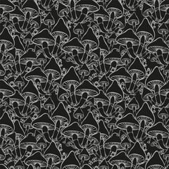Mushrooms monochrome surface pattern design. Retro seamless pattern with hand drawn groovy mushrooms