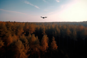 Obraz na płótnie Canvas the drone flies over the green forest during sunset. Beautiful view from above. Aerial photography. Exploration of the territory. High quality photo Generative AI