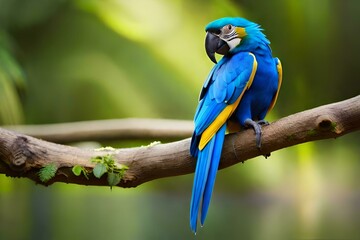 Obraz premium Blue macaws in their natural environment. Concept of preservation of the species. Created with generative Ai technology.