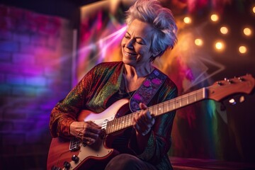 Naklejka na ściany i meble Environmental portrait photography of a satisfied mature woman playing the guitar against a neon sign background. With generative AI technology