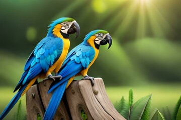 Fototapeta na wymiar Blue macaws in their natural environment. Concept of preservation of the species. Created with generative Ai technology.