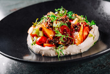 Sun dried tomatoes Salad with fresh vegetables mix and cheese on plate