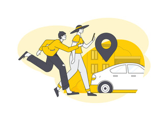 Flat vector concept operation hand-drawn illustration of people taking a taxi
