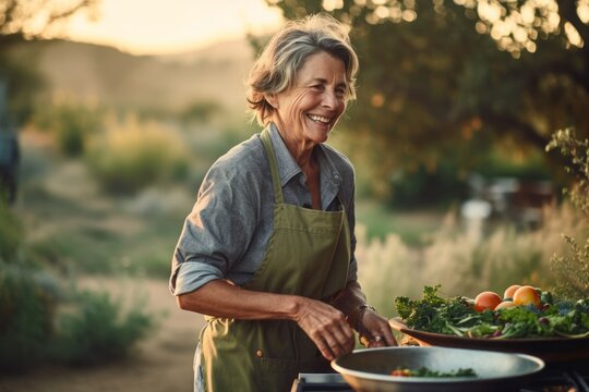 Medium Shot Portrait Photography Of A Glad Mature Woman Cooking Against A Winding Country Road Background. With Generative AI Technology