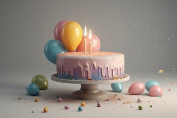 Fresh tasty delicious buttercream cake with two candles and balloons. Celebration food with blue drip icing, sprinkles. Happy birthday holiday greetings concept for gender boy or girl. Generative AI.