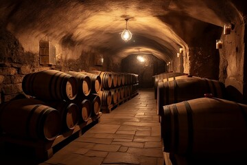 Old cellar with bottles and barrels under restaurant or bar making wine. Traditional winemaking and wine tasting, professional degustation, wine lover, sommelier travel concept. Generative AI