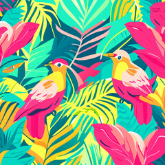 Seamless pattern with tropical birds and palm leaves. Vector illustration