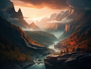 A scenic image of mountains at sunset created with Generative AI technology.
