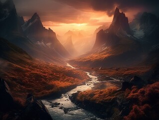 A scenic image of mountains at sunset created with Generative AI technology.