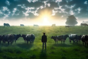 Man and Cows in Field. Generative AI