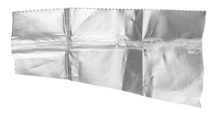 One single piece of cut out crumpled bright shiny metallic aluminium foil, isolated on white or...