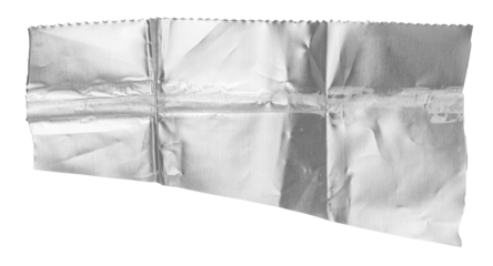 One single piece of cut out crumpled bright shiny metallic aluminium foil, isolated on white or transparent background
