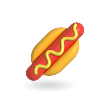 Appetizing delicious divine tasty 3d hot dog with mustard fast food icon. 3d rendered illustration in minimal realistic style isolated on white background. For vendor, menu card, design, delivery.