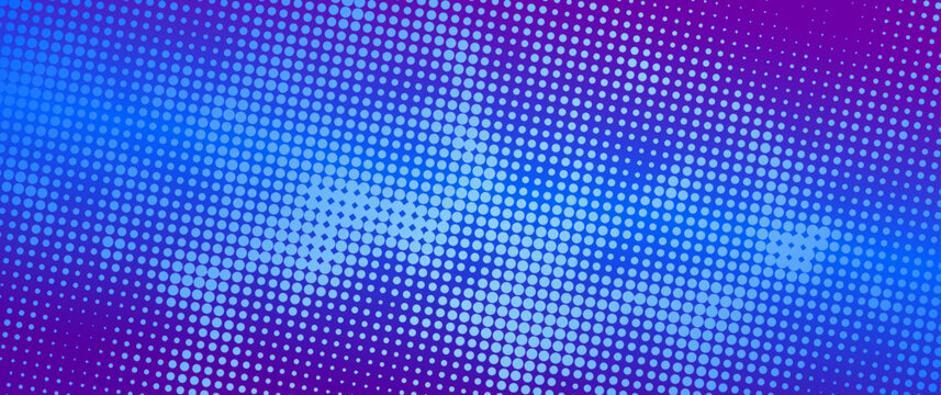 Halftone vector art background for cover design, poster, cover, banner, flyer and cards. Neon colored abstract design with blue and purple dots. Futuristic retro illustration.	