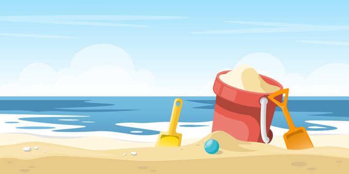 Plastic sand bucket with shovel and children toys on sand beach, Vector illustration.