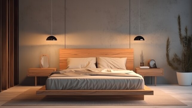 Comfortable bed in modern bedroom softly illuminated. Generative ai
