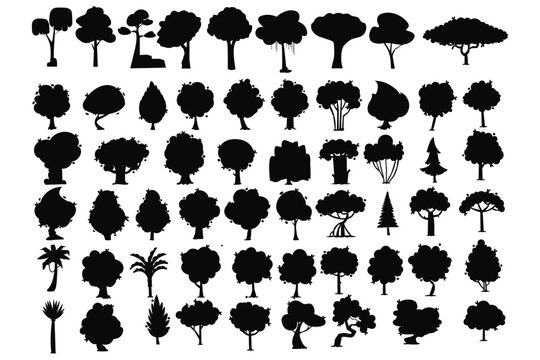 set of silhouettes of trees isolated on white background