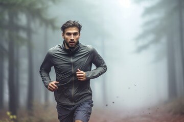 Lifestyle portrait photography of a satisfied boy in his 30s running against a foggy forest background. With generative AI technology