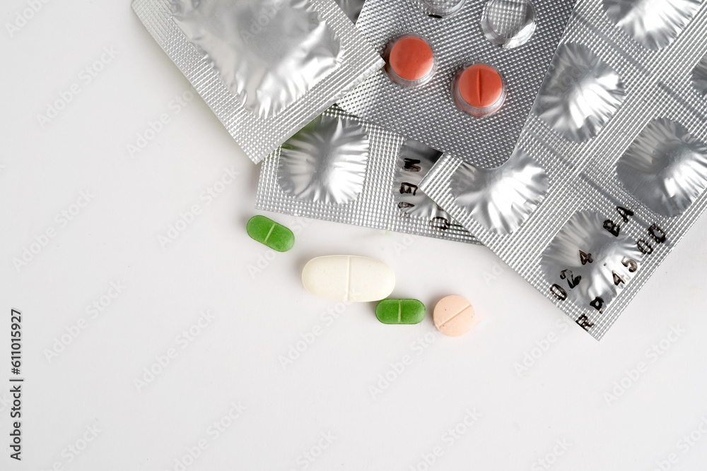 Canvas Prints Different drugs tablets, pills in blister packs isolated on white background. macro, selective focus, copy space