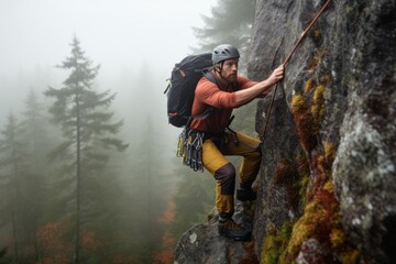 Lifestyle portrait photography of a glad mature boy practicing rock climbing against a foggy forest background. With generative AI technology