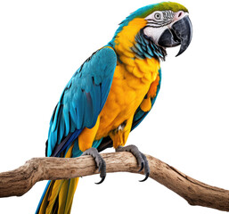 Obraz premium blue-and-yellow macaw parrot sitting on a branch isolated on white background as transparent PNG, generative AI animal
