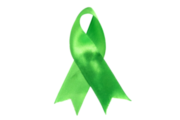 Green satin ribbon cancer awareness symbol isolated on white background