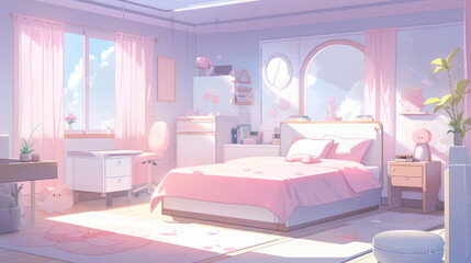 Japanese Anime Style Clean Relaxing Bedroom Background. With Licensed Generative AI Technology Assistance.