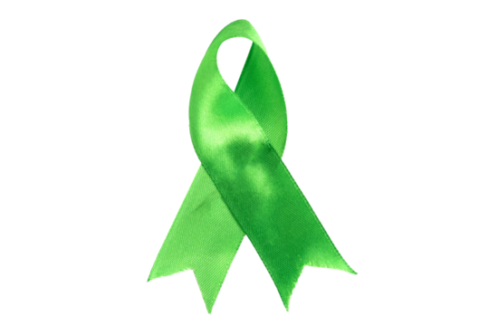 Green satin ribbon cancer awareness symbol isolated on white background