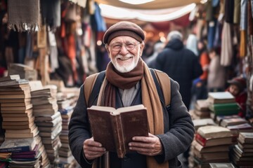 Medium shot portrait photography of a grinning old man reading a book against a bustling marketplace background. With generative AI technology - obrazy, fototapety, plakaty