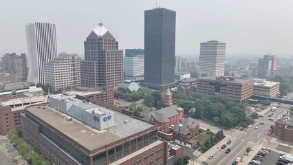 Downtown Rochester NY in dense smoke from Canadian wildfires blowing over city skyline