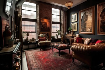 Living room in Loft in Traditional design style characterized by rich color palettes, a variety of textures and patterns, and classic artwork and furniture. Architecture and Real estate, AI generative