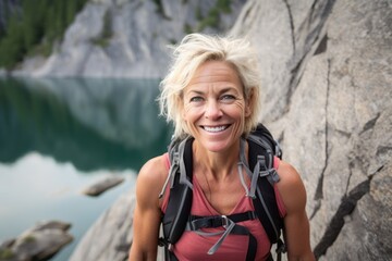 Group portrait photography of a satisfied mature woman practicing rock climbing against a tranquil lake background. With generative AI technology