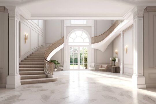 Grand entrance with a sweeping staircase in a palatial luxury modern house. Concept for real estate or property. 3D rendering. Generative AI
