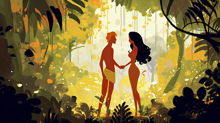 Colorful painting art portrait of Adam and Eve in the Garden of Eden. Old testament. Christian illustration. Generative AI. - obrazy, fototapety, plakaty