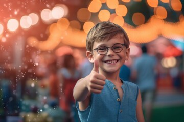 Medium shot portrait photography of a glad kid male with thumbs up against a vibrant festival background. With generative AI technology