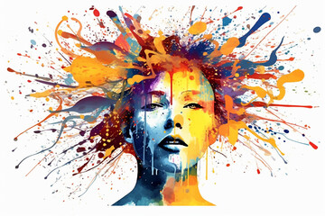 Mental health and creative abstract concept. Colorful illustration of happy womale head  in paint splatter style. Mindfulness, positive thinking, self care idea. White background.  Generative AI.