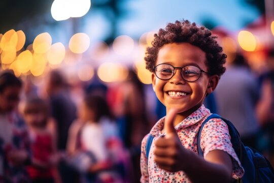 Medium shot portrait photography of a glad kid male with thumbs up against a vibrant festival background. With generative AI technology