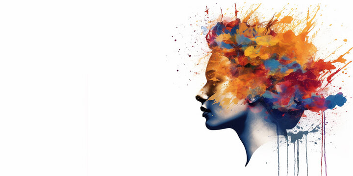 Mental health creative abstract concept.  Colorful illustration of womale head, paint splatter style. Mindfulness and self care idea. Banner white background. Copy space. Generative AI.
