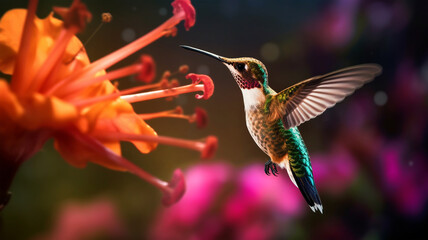 Hummingbird with a long beak, Heliodoxa jacula, bird hovering near a flower, mountain rainforest, nectar
