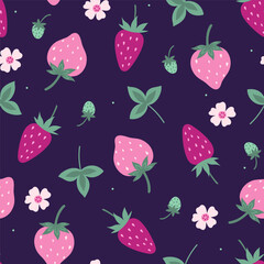 Seamless pattern with strawberries and leaves on a dark background. Vector graphics.