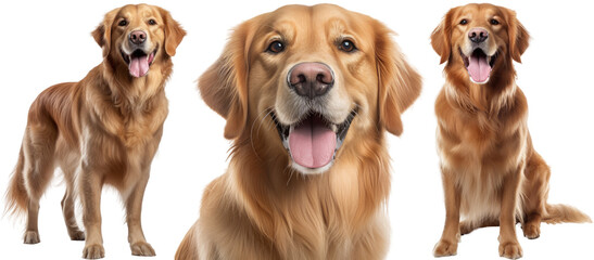 Collection of three dogs, happy golden retrievers set (portrait, sitting and standing) isolated on white background as transparent PNG, generative AI animal bundle - obrazy, fototapety, plakaty