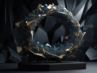 Dark black and gold, crystal and marble, geometrical primitives pattern, abstract background created with Generative AI technology.