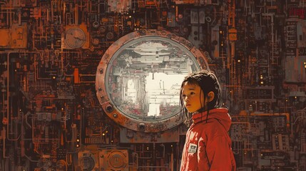 Obraz premium illustration sci-fi fantasy a girl at window on metal wall, Generative Ai