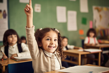 Small girl kid in school classroom raising hand up to answer teacher. Generative AI