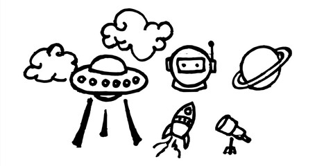 Doodle space illustration in childish style. Set of cosmos vector elements such as rocket, astronaut, stars, asteroids, ufo.