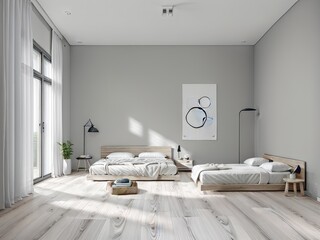 The interior of a bright bedroom. Generative by AI