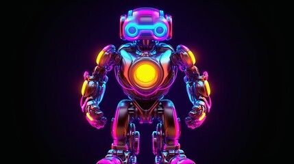Chrome colorful robot, neon light. Artificial intelligence concept. Generative ai