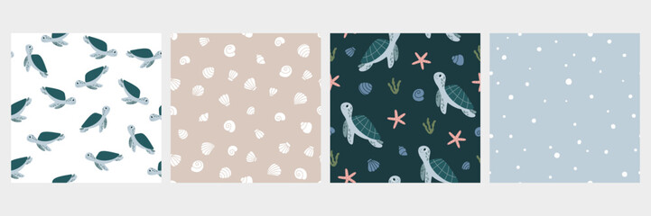 Set of seamless pattern with sea turtles, seashells and bubbles. Vector flat illustration for kids fabric, textile, nursery wallpaper.