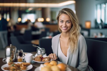 Lifestyle portrait photography of a satisfied girl in her 30s having breakfast against a swanky hotel lobby background. With generative AI technology